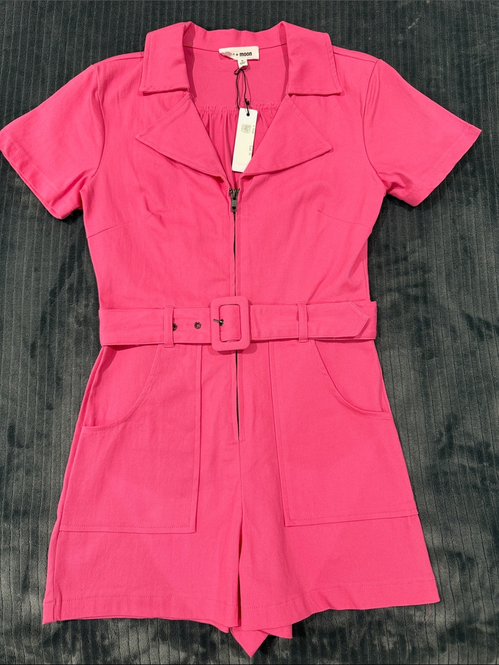 Day + Moon Denim Pink Short Sleeve Belted Romper